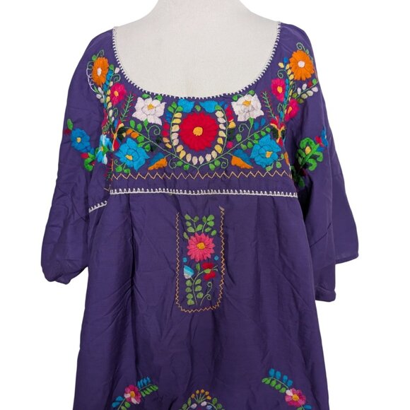 Zapoteco Mexican Embroidered Floral Dress Womens One Size Purple Hand Made - Picture 2 of 10